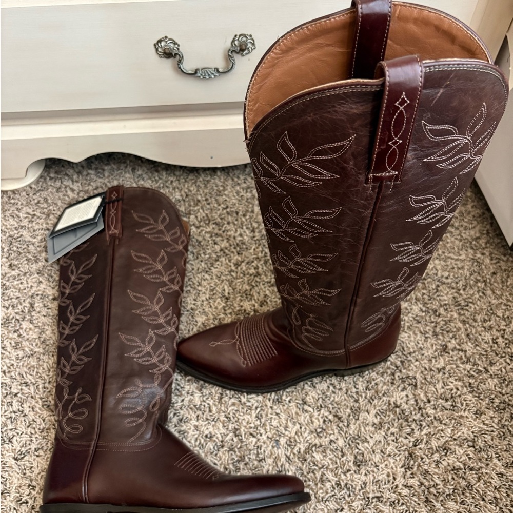 Lucchese Brown Leather Tall Western Boots with Embroidery - Picture 3 of 7